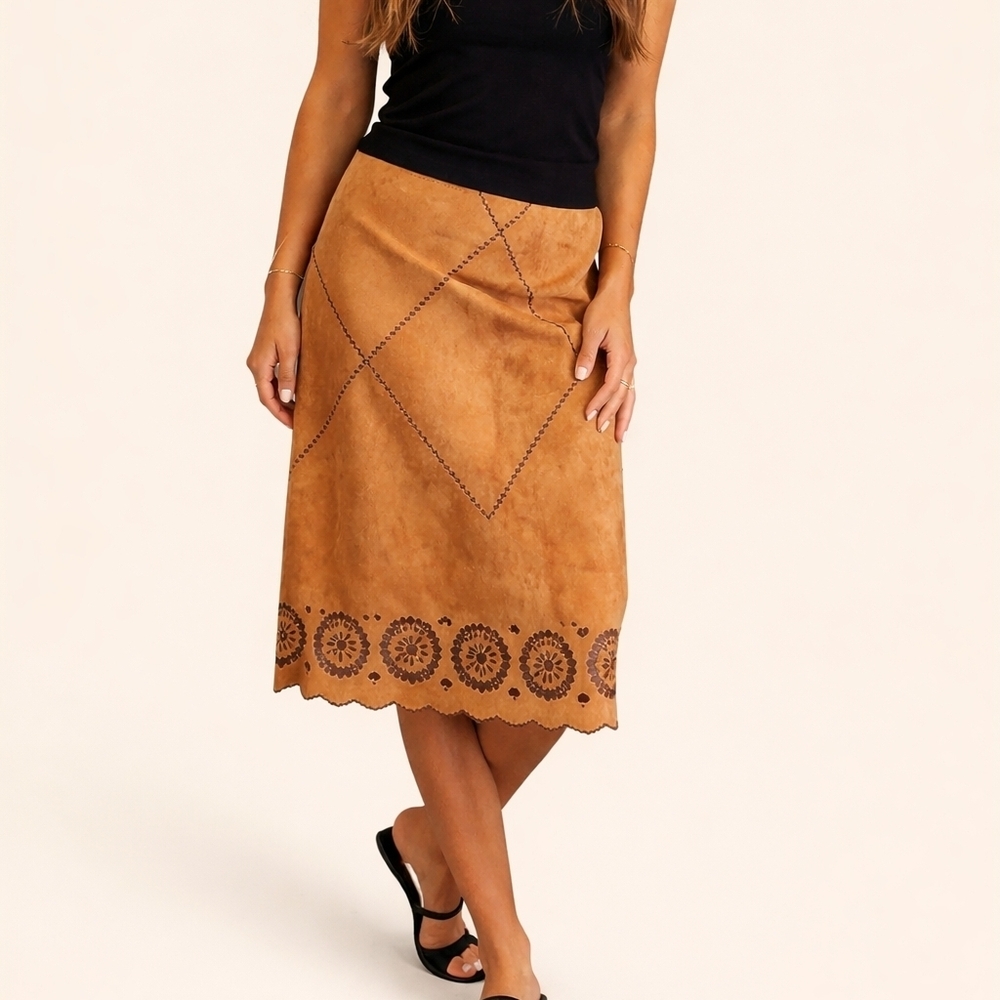 ECOLOGIE Tan Faux Suede Patchwork Scalloped Floral Cutout Skirt